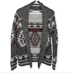 Bluenotes Grey, White & Burgundy Open Front Knit  Aztec Cardigan Medium